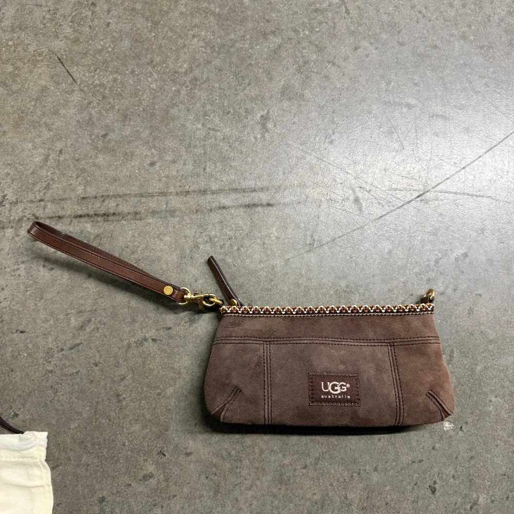 UGG Australia Brown Suede Shearling Lined Wristlet Clutch with Tasman Braid Trim